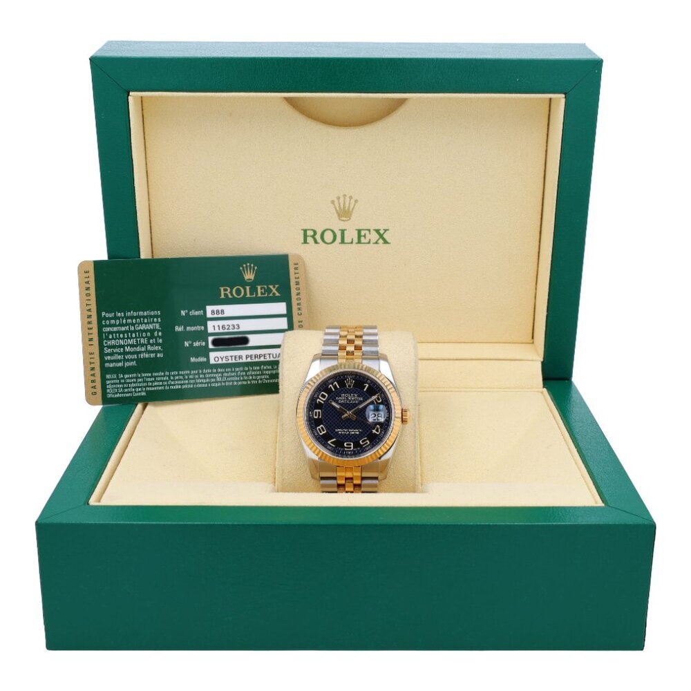 B&P Rolex Datejust 116233 36mm Black Roman Dial Fluted Bezel Jubilee Band